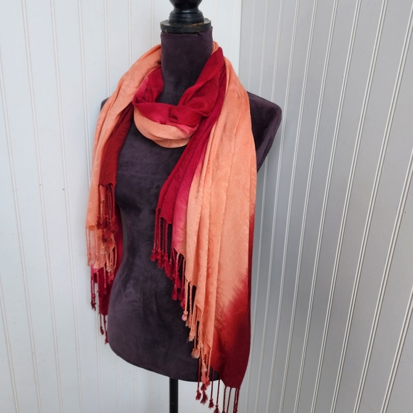 Rachele Burgundy Orange Ombré Scarf Fringe Viscose Soft 77"×28" - Picture 2 of 12
